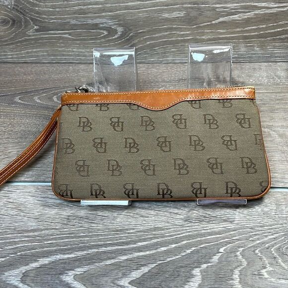 Dooney & Bourke Tan Canvas Brown Leather Trim “DB” Monogram Wristlet & Hardware - Picture 1 of 8